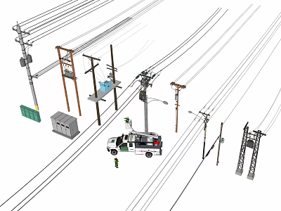 Utility Poles With Power Lines And Electrical Equipment Near Service Truck 3d model