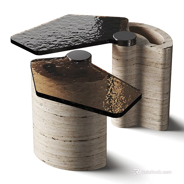 Unique Modern Coffee Table With Black Brown Tabletop And Cylindrical Stone Bases 3d model 