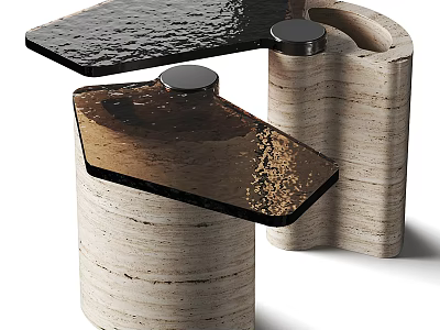 Unique Modern Coffee Table With Black Brown Tabletop And Cylindrical Stone Bases 3d model