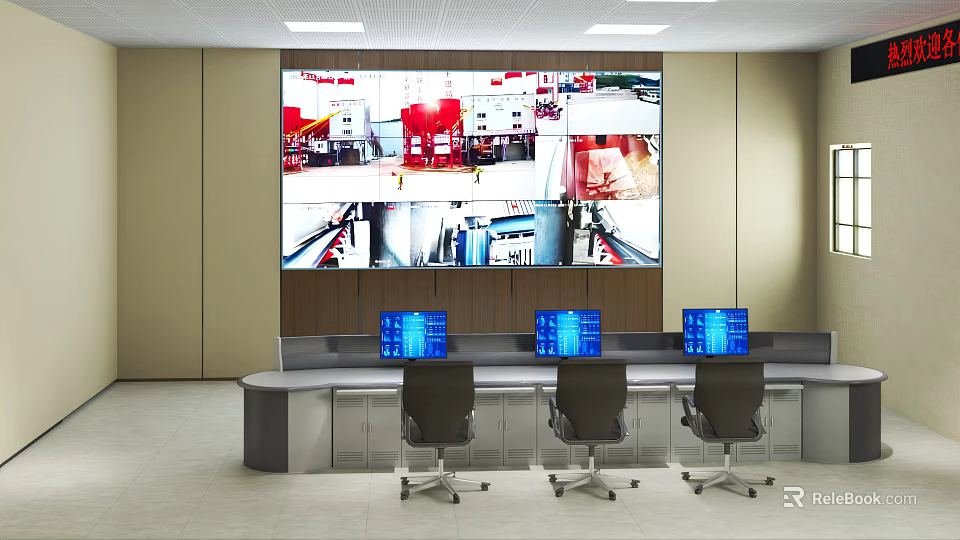 Modern Monitoring Room Featuring Large Screen Surveillance Feeds Control Desk Monitors And Chairs 3d model 