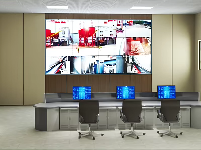 Modern Monitoring Room Featuring Large Screen Surveillance Feeds Control Desk Monitors And Chairs 3d model