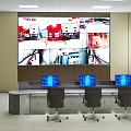 Modern Monitoring Room Featuring Large Screen Surveillance Feeds Control Desk Monitors And Chairs