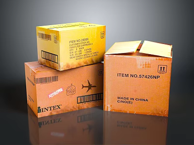 Yellow And Brown Cardboard Boxes With Intex Brand Barcode Item Number Made In China 3d model