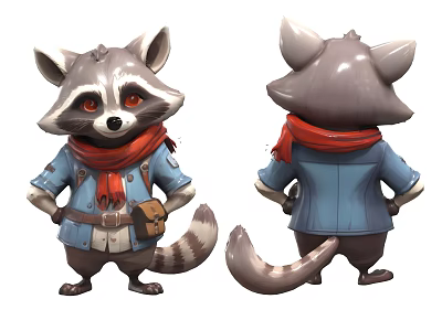 Cartoon Raccoon Character In Blue Coat With Red Scarf And Brown Backpack Front Back Views 3d model
