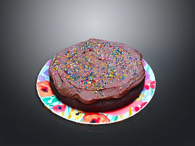 Delicious Chocolate Cake with Chocolate Frosting and Colorful Sprinkles on Floral Pattern Plate Black Background 3d model