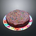 Delicious Chocolate Cake with Chocolate Frosting and Colorful Sprinkles on Floral Pattern Plate Black Background