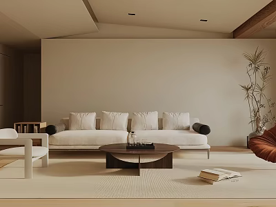 Minimalist Living Room Interior With Beige Sofa Coffee Table Area Rug And Potted Plant 3d model