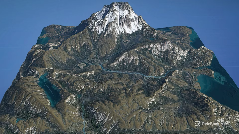 Garden Landscape With Snow Capped Mountain River Lakes And Lush Vegetation 3d model 