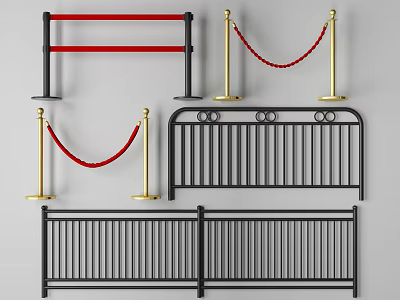 Black Metal Fences With Gold Posts Red Ropes And Rail Design 3d model