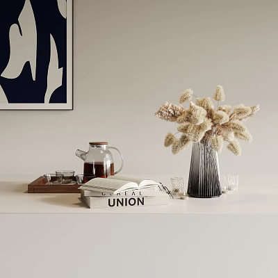 Decorative Ornament Set Featuring Dried Flower Vase Wooden Tray Glass Teapot Book And Glass Cups 3d model