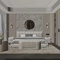 Modern Bedroom Interior With Circular Mirror Accent Chair And Recessed Lighting