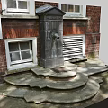 Stone Fountain With Stepped Base Against Brick Wall And White Framed Windows