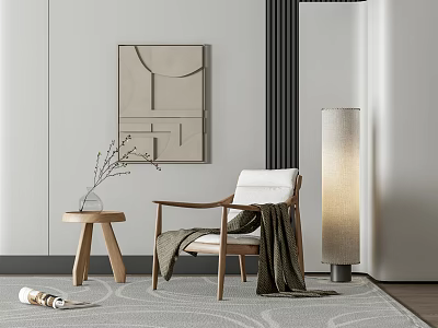 Modern Minimalist Accent Chair With Wooden Side Table Blanket Geometric Artwork Floor Lamp And Rug 3d model