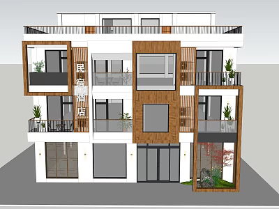 Modern Boutique Guesthouse Building With Wooden Accents Large Windows And Balconies 3d model