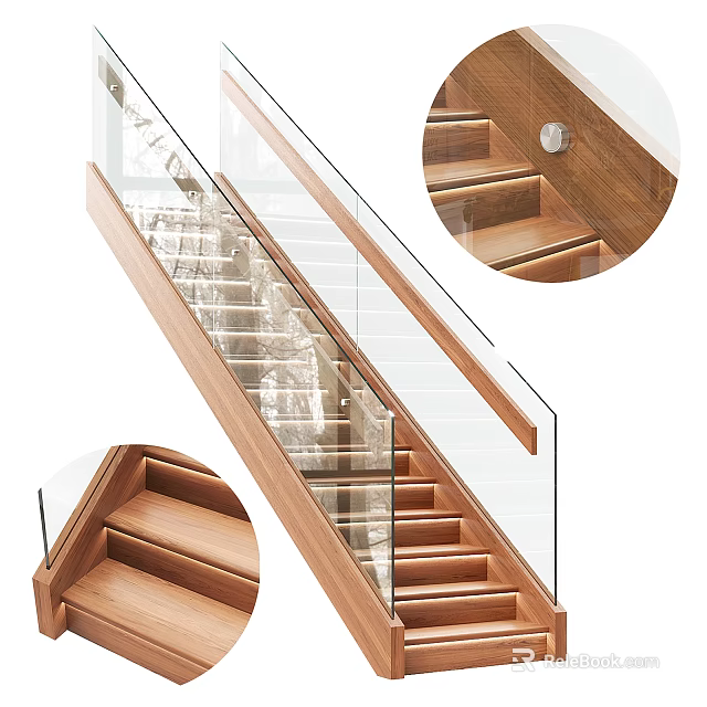 Modern Staircase Design With Wooden Treads Glass Railings And LED Lighting 3d model 