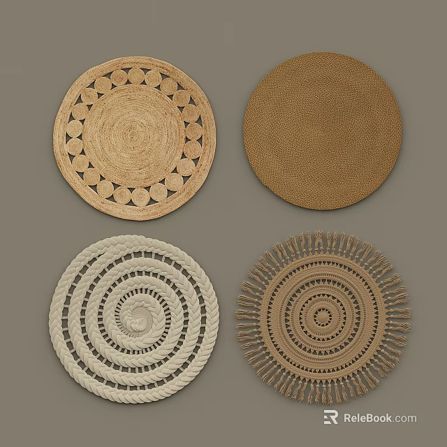 Round Rugs with Various Woven Designs in Neutral Tones and Circular Patterns 3d model 