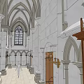 Ancient Gothic Architecture Interior With Arched Ceilings Stained Glass Windows Chandeliers And Wooden Benches Murals