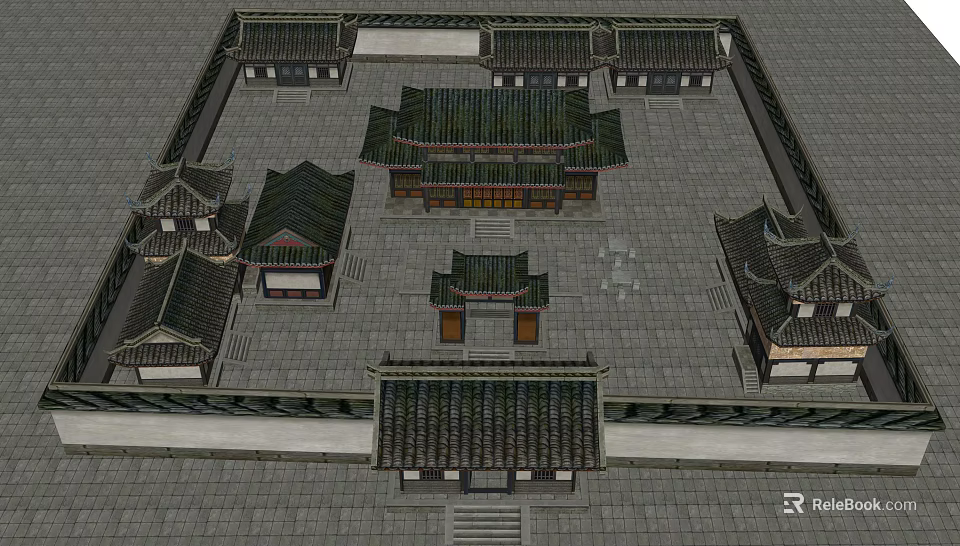 Ancient Chinese Architectural Complex With Traditional Courtyard And Classic Tile Roofs 3d model 