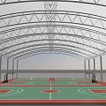 Outdoor Basketball Court With Arched White Membrane Roof Metal Pillars Red Green Court Surface