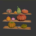 Various Colorful Pumpkins with Different Shapes Displayed on Three Tiered Wooden Shelves