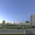 Modern Mid Rise Residential Building With Large Windows Green Lawn And Sculpture
