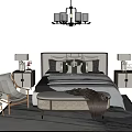 Elegant Modern Double Bed With Upholstered Headboard Nightstands Accent Chair And Throw Blanket