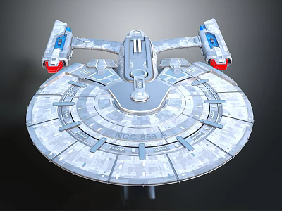 Detailed Science Fiction Spaceship Model With Circular Design NCC 981 Blue Red Thrusters 3d model