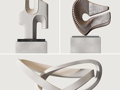 Modern Abstract Sculptures Featuring Geometric Lines Curved Shapes And Smooth Surfaces On Marble Bases 3d model