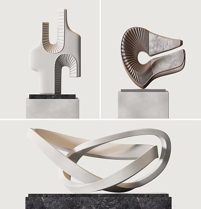 Modern Abstract Sculptures Featuring Geometric Lines Curved Shapes And Smooth Surfaces On Marble Bases 3d model