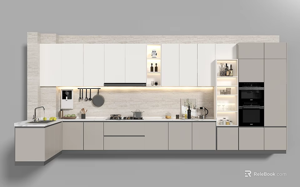 Modern Kitchen With White Cabinets Oven And Essential Cookware Utensils 3d model 