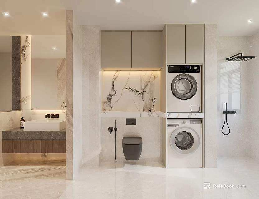 Modern Bathroom Interior Design With Toilet Washing Machine Mirror Cabinets And Marble Walls 3d model 