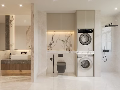 Modern Bathroom Interior Design With Toilet Washing Machine Mirror Cabinets And Marble Walls 3d model