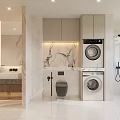 Modern Bathroom Interior Design With Toilet Washing Machine Mirror Cabinets And Marble Walls