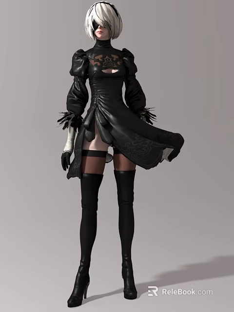 Man In Black Detailed Outfit With Long Boots And Flowing Skirt Design 3d model 