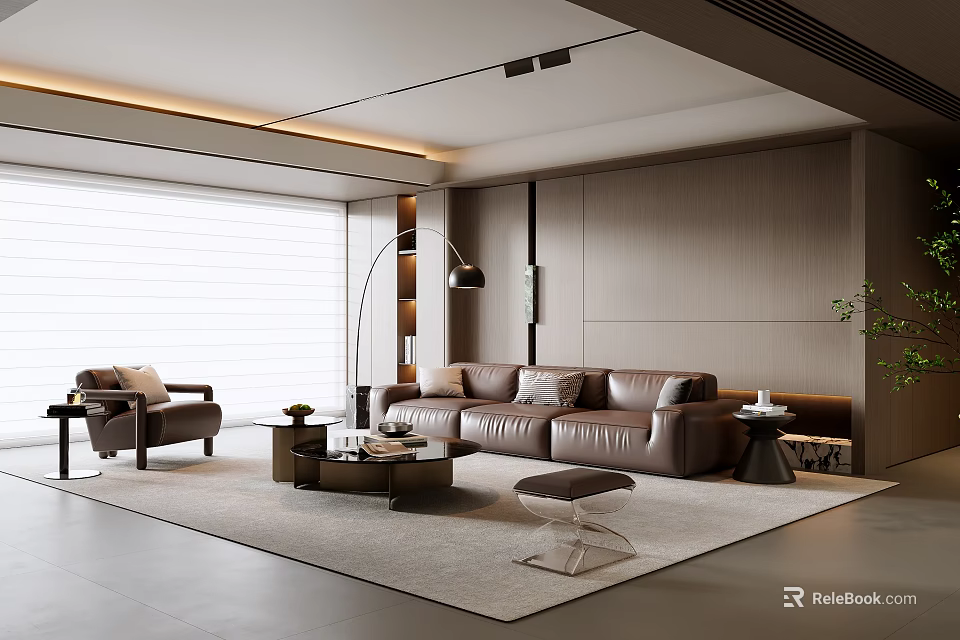 Modern Living Room Interior Design With Brown Sofa Wooden Walls Large Windows And Floor Lamp 3d model 