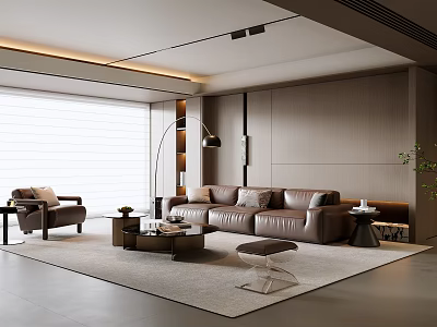 Modern Living Room Interior Design With Brown Sofa Wooden Walls Large Windows And Floor Lamp 3d model