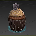 Chocolate Cupcake With Cream Frosting And Oreo Cookie Topping On Polka Dot Wrapper