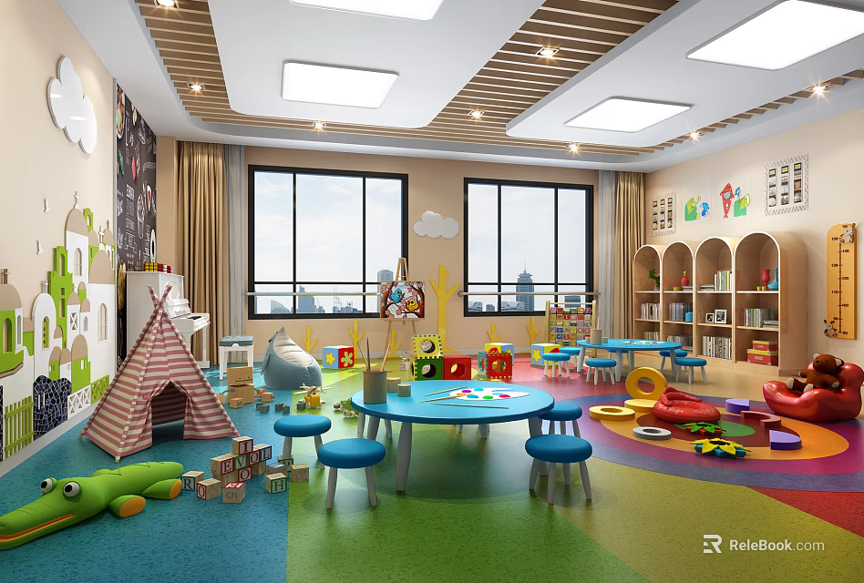Bright Kindergarten Classroom With Colorful Carpet Tables Chairs Toys Bookshelves And Wall Decorations 3d model 