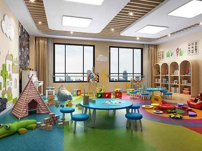 Bright Kindergarten Classroom With Colorful Carpet Tables Chairs Toys Bookshelves And Wall Decorations 3d model