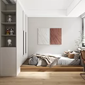 Modern Tatami Bedroom Interior With Tatami Bed Desk Computer Green Plants And Storage Cabinets