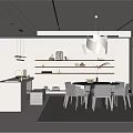 Modern Minimalist Restaurant Interior With Dining Table Chairs Pendant Lights And Decorative Shelves