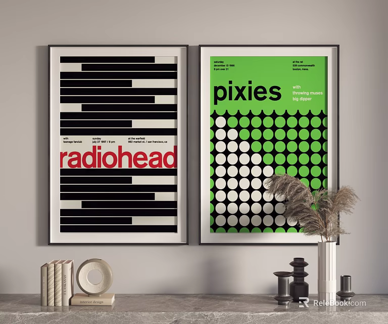 Radiohead And Pixies Framed Posters On Wall With Home Decor Elements 3d model