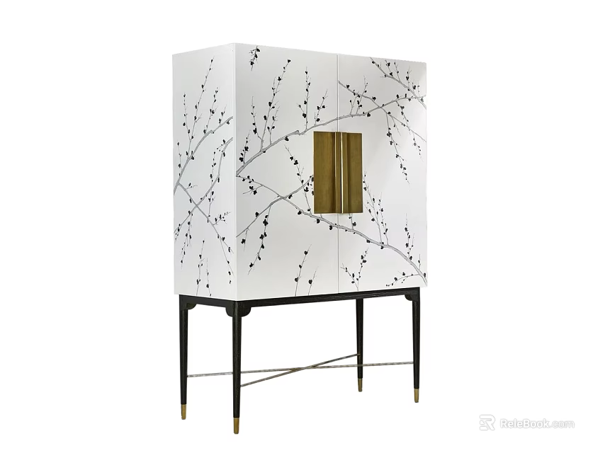 Elegant White Decorative Cabinet With Black Branch Patterns Gold Panel And Black Slender Legs 3d model 