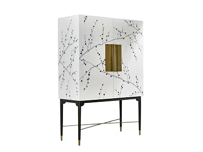 Elegant White Decorative Cabinet With Black Branch Patterns Gold Panel And Black Slender Legs 3d model