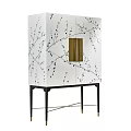 Elegant White Decorative Cabinet With Black Branch Patterns Gold Panel And Black Slender Legs