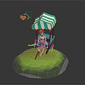 Cartoon Rickshaw Scene With Blue White Striped Canopy Rider Red Hat And Green Grass Base