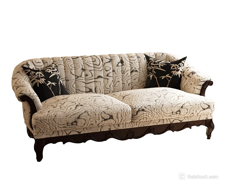 Classic Patterned Two Seater Sofa With Light Upholstery Dark Pillows And Wooden Legs 3d model 