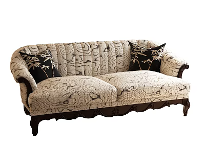 Classic Patterned Two Seater Sofa With Light Upholstery Dark Pillows And Wooden Legs 3d model