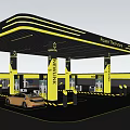 Modern Gas Station Exterior With Yellow Canopy Fuel Pumps And Cars