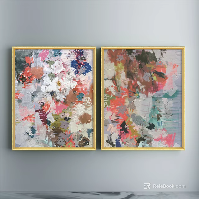 Colorful Abstract Paintings With Golden Frames For Modern Interior Decor On Gray Wall 3d model 